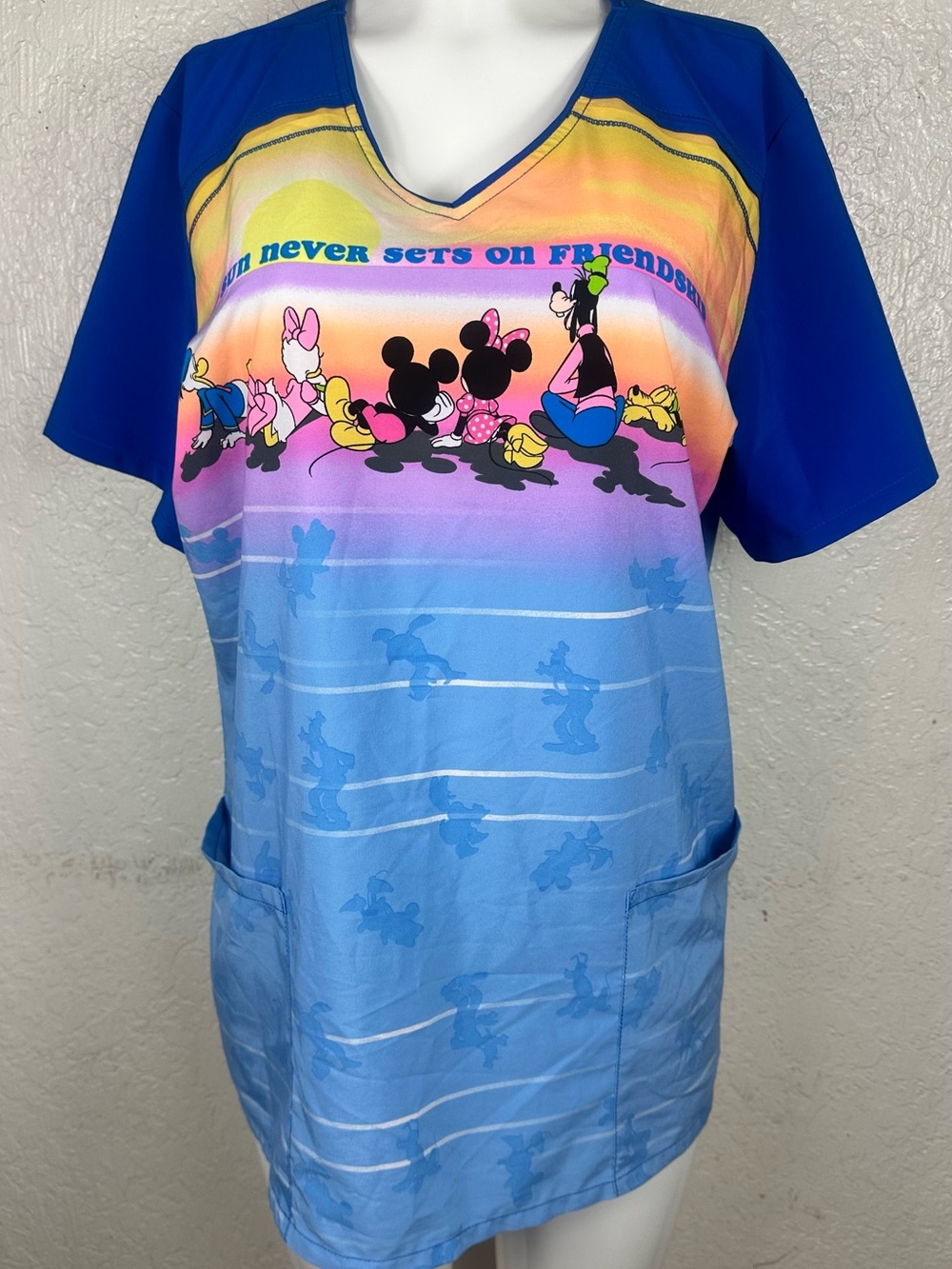 Disney Blue Gradient Sunset Friends Scrub Top
